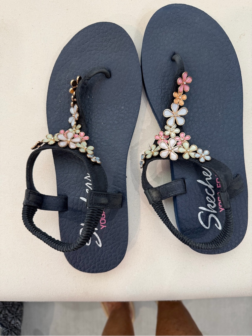 Skechers Black Floral Jeweled T-Strap Sandals